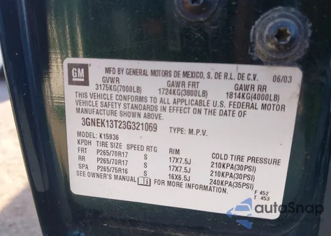 2003 Chevrolet Avalanche 1500 из США, поврежденный, VIN 3GNEK13T23G321069